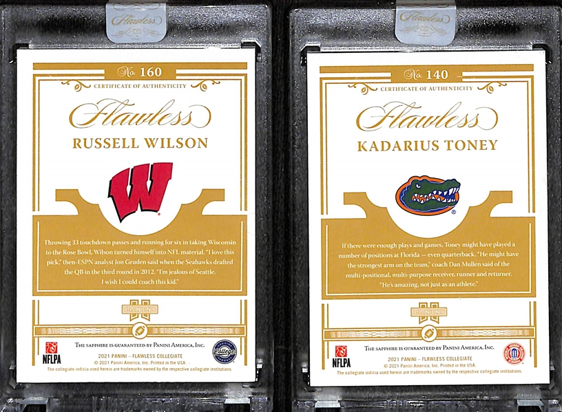 Lot of (2) 2021 Flawless Collegiate Football Sapphire Cards w. Russell Wilson and Kadarius Toney Both #d /15